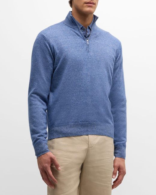FIORONI CASHMERE Blue Cashmere-Linen Melange Quarter-Zip Sweater for men