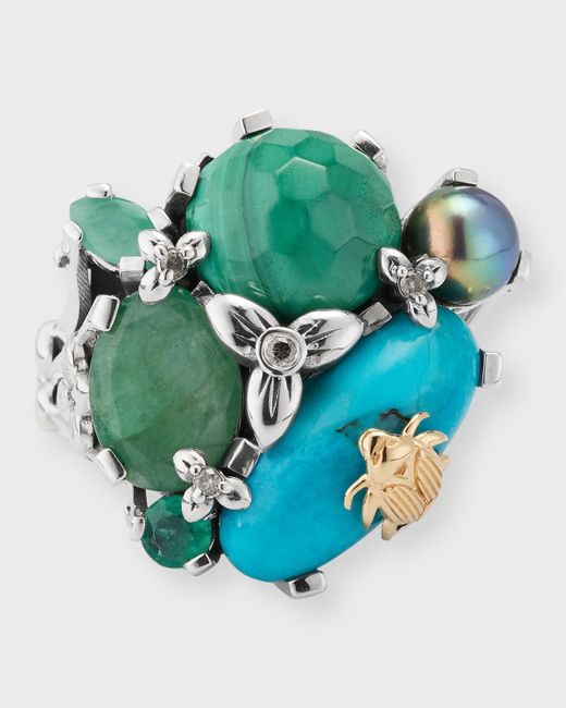 Stephen Dweck Blue Emerald, , Malachite, Pearl And Champagne Diamond Ring