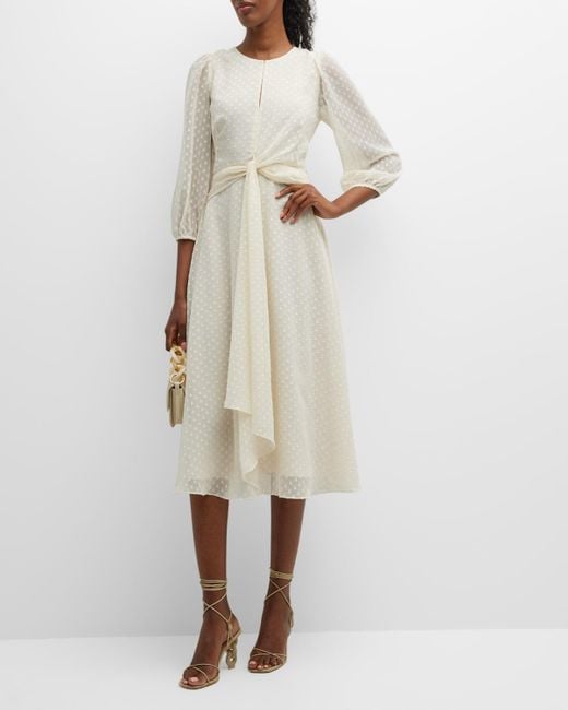 Shoshanna Melrose Blouson-sleeve Swiss Dot Midi Dress in Natural | Lyst