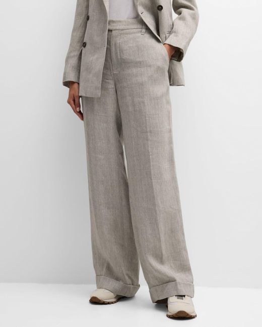 Brunello Cucinelli Gray Mid-rise Straight-leg Herringbone Linen Trousers