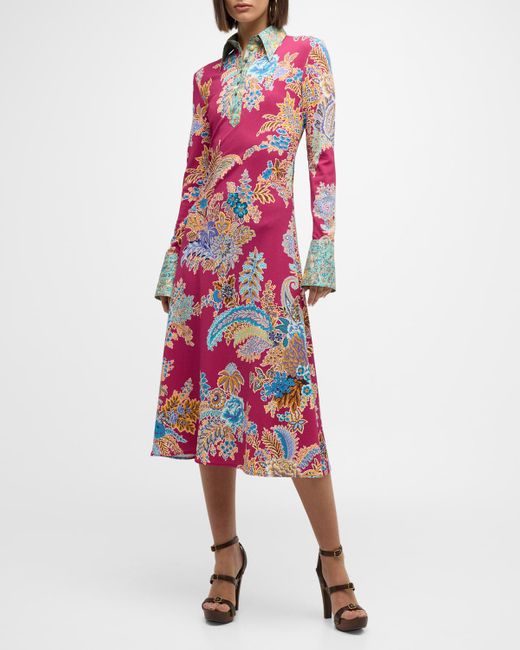 Etro Red Floral Paisley Bouquet-print Long-sleeve Jersey Midi Shirtdress