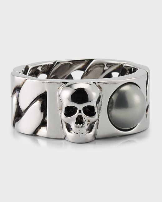 Alexander McQueen Metallic Pearl And Skull Chain Ring In Antique Silver for men