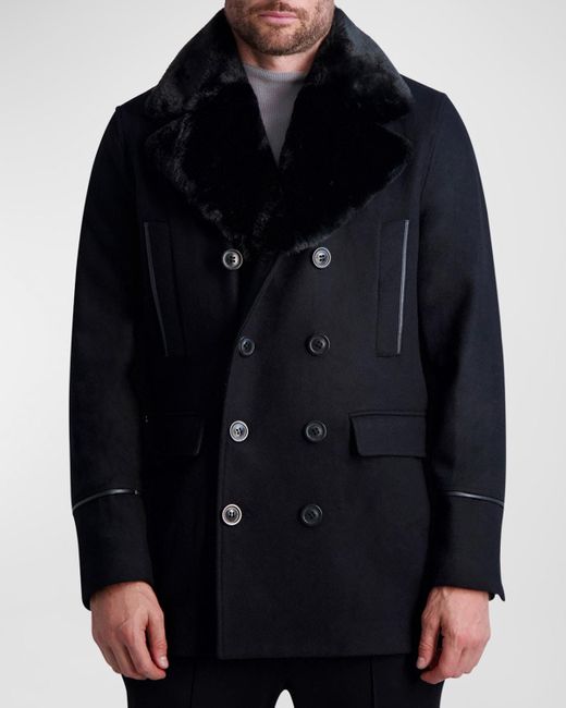 Karl Lagerfeld Blue Wool Peacoat W/ Faux Fur Collar for men