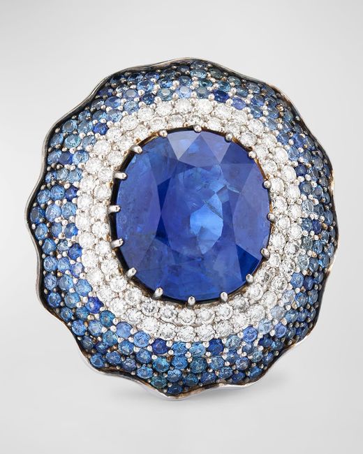 Alexander Laut Blue 18K Sapphire Ring With Pave Diamonds And Sapphires, Ring 7
