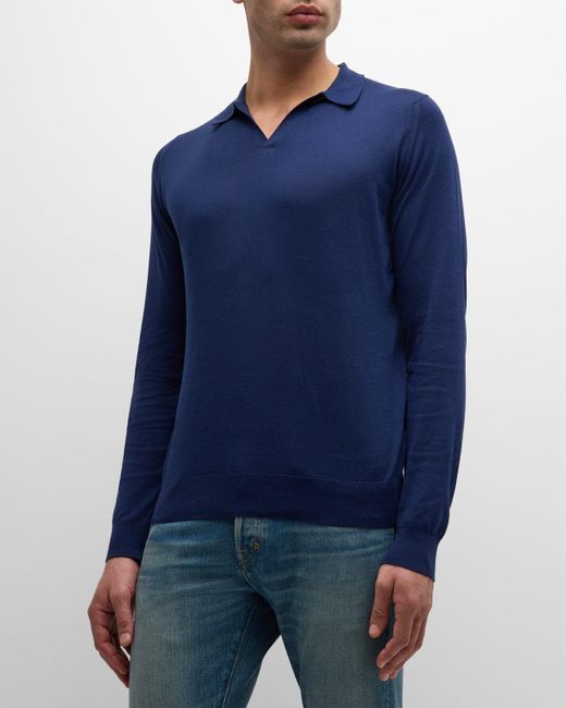 John Smedley Blue Puck Sea Island Cotton Longe-Sleeve Polo Shirt for men