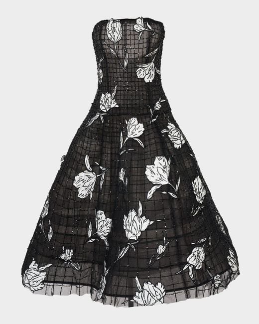 Carolina Herrera Floral Embroidered Strapless Drop-Waist Dress in Black |  Lyst