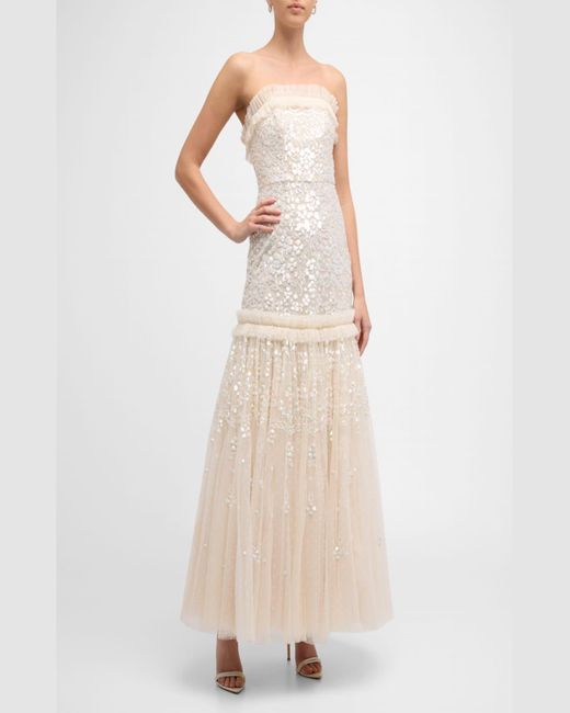 Needle & Thread Natural Regal Rose Strapless Floral Sequin Tulle Gown