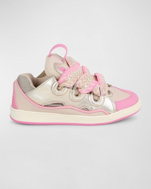 Lanvin Pink Girl's Curb Leather Chunky Low-top Sneakers, Kids