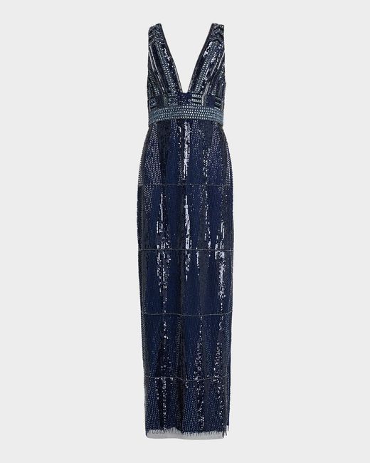 Aidan Mattox Women's Blue Beaded Deep V-Neck Column Gown -  www.ice4pros.com.br