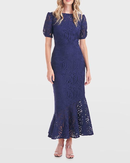 Kay Unger Blue Zoey Puff-sleeve Lace Dress