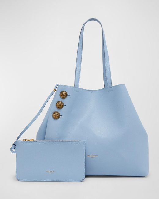 Balmain Blue Embleme Shopper Tote Bag In Grained Leather