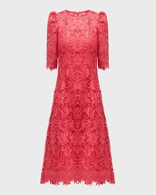 Teri Jon Red Puff-Shoulder Floral Lace Midi Dress