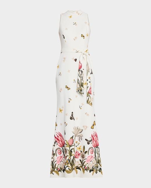 Teri Jon White Floral & Butterfly-Print Crepe Gown