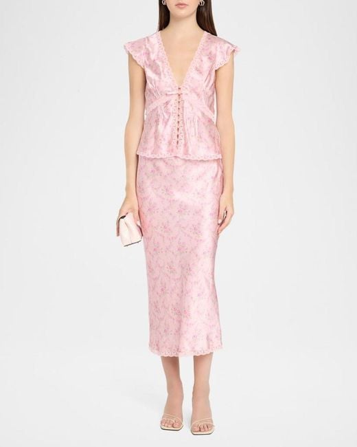 LoveShackFancy Pink Amara Floral Silk Blouse