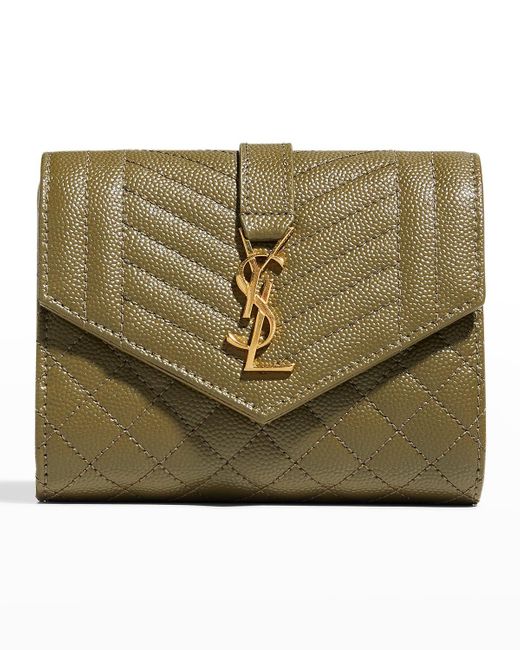 Saint Laurent Compact Tri Fold Ysl Leather Wallet in Green Lyst