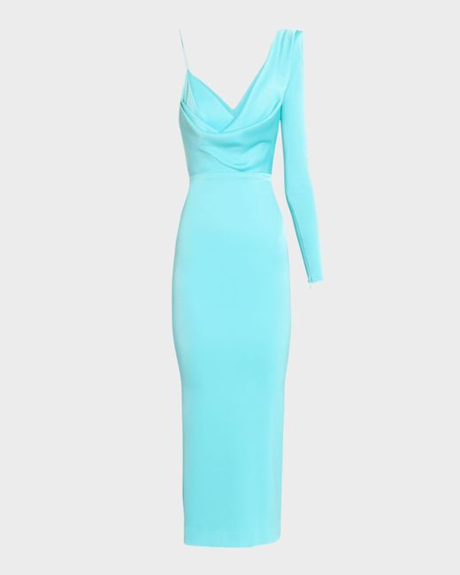 Alex Perry Blue Asymmetric One-Shoulder Drape Satin Crepe Midi Dress