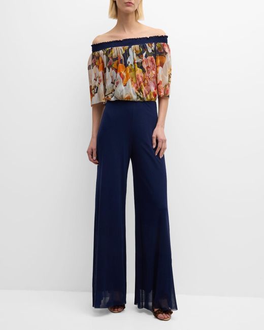 Fuzzi Blue Off-Shoulder Floral-Print Tulle Jumpsuit