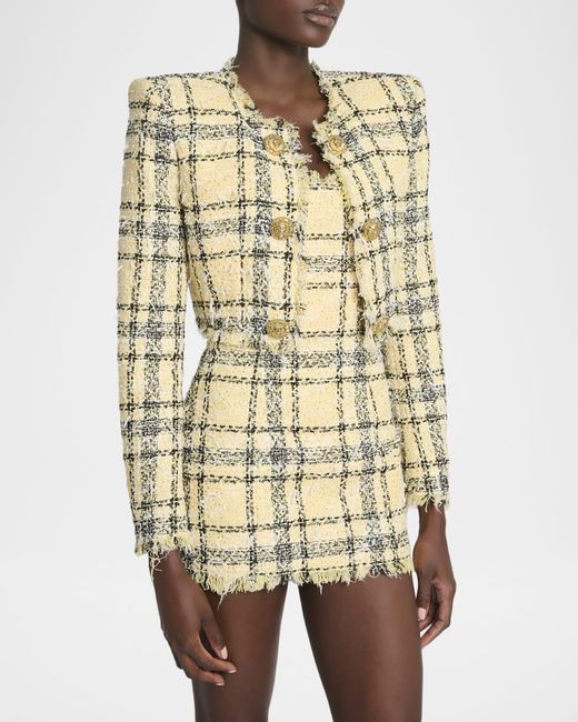 Balmain Metallic Paillette Check Eyelash Tweed Crop Jacket