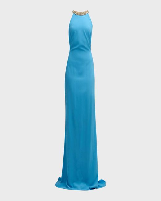 Oscar de la Renta Blue Crystal-Embroidered Open-Back Cady Gown