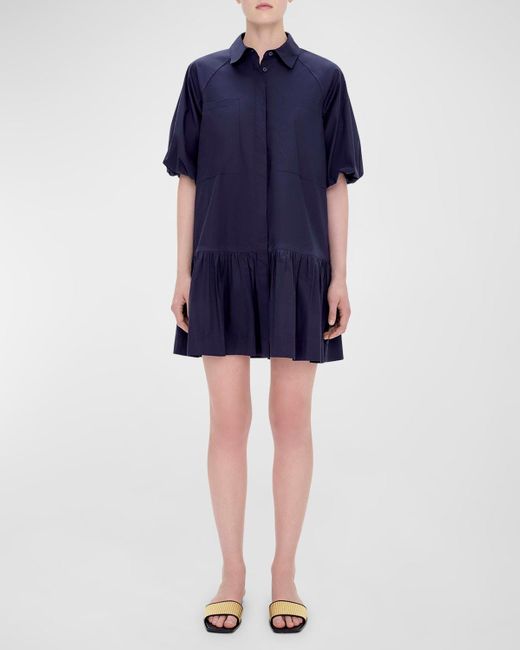Jonathan Simkhai Blue Crissy Puff-Sleeve Cotton Poplin Mini Shirtdress