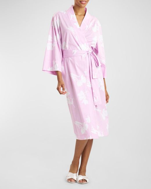 Natori Pink Hana Floral-Print 3/4-Sleeve Cotton Robe