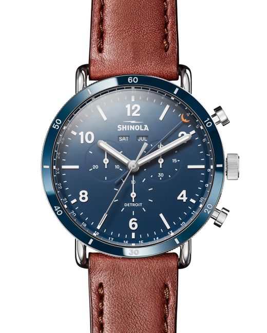 Shinola Blue 45Mm Canfield Chronograph Watch W/ Leather Strap for men
