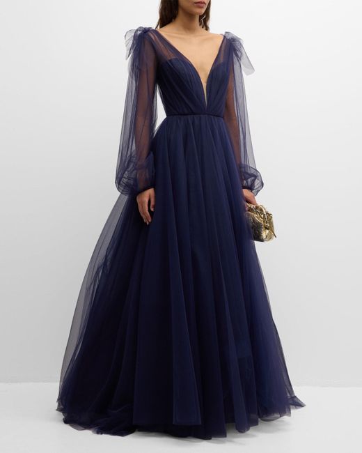 Romona Keveza Blue Plunging Ruffle Long-Sleeve Tulle Gown