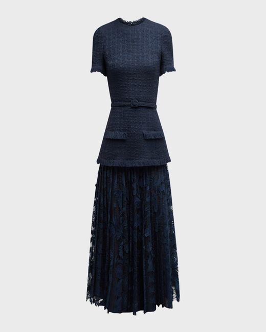 Oscar de la Renta Blue Short-Sleeve Tweed And Guipure Skirt Midi Dress With Self Belt