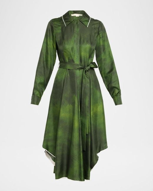 Jason Wu Green Smudged Canvas Silk Twill Midi Shirtdress With Belt