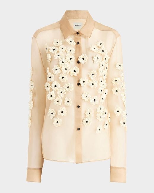 Khaite Natural Argo Floral Applique Silk Button-Down Top
