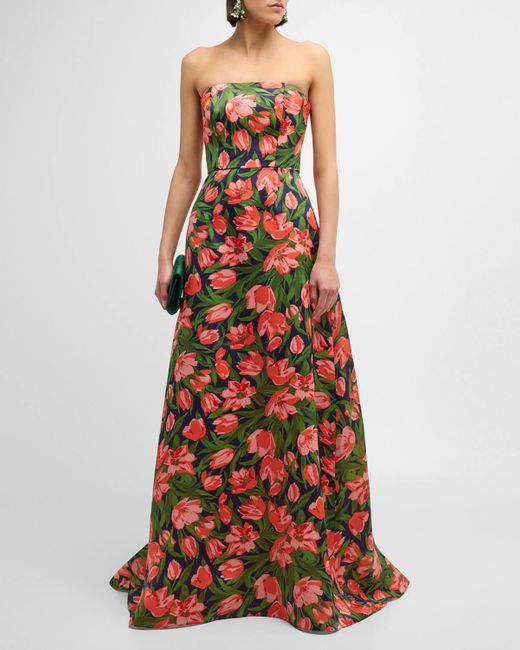 Carolina Herrera Red Floral Print Strapless Gown