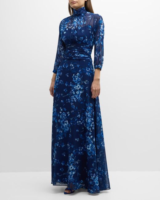 Teri Jon Blue Floral-Print Turtleneck Chiffon Gown