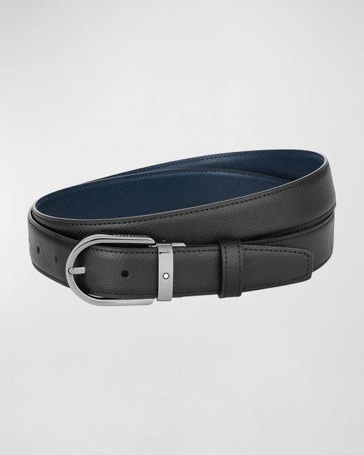 Montblanc Blue Reversible Leather Buckle Belt for men
