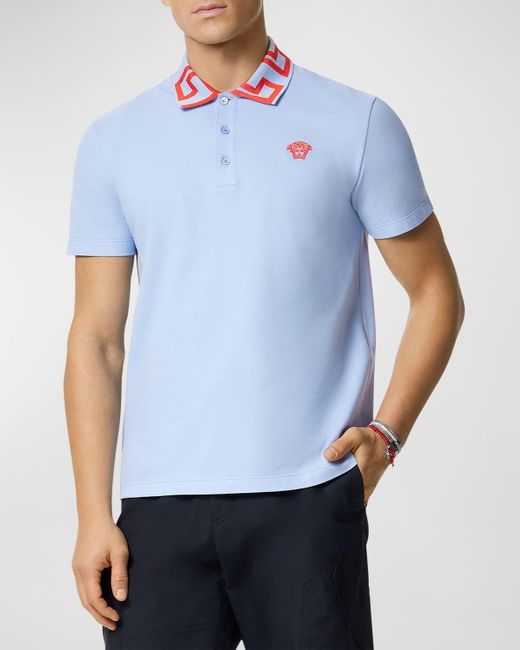 Versace Blue Polo Shirt With Greca Collar for men