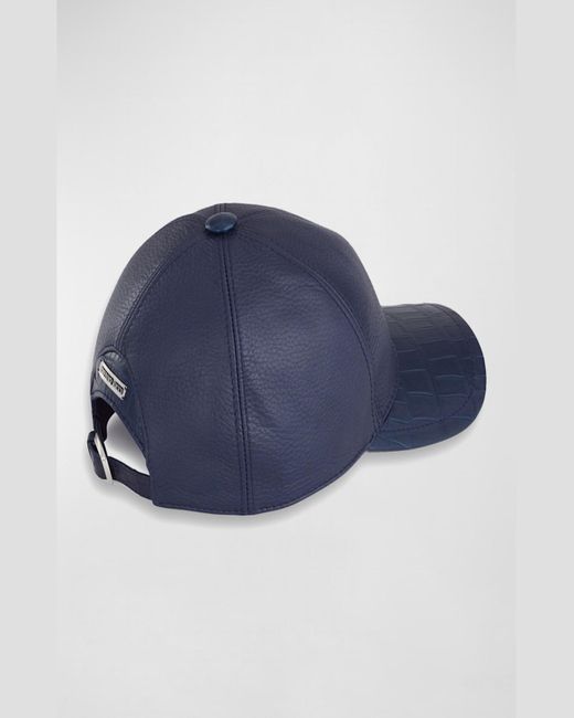 Stefano Ricci Blue Leather Baseball Hat W/ Crocodile Trim for men