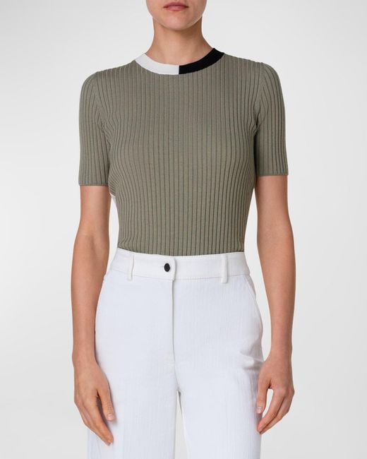Akris Punto Gray Ribbed Knit Wool Top With Colorblock Collar