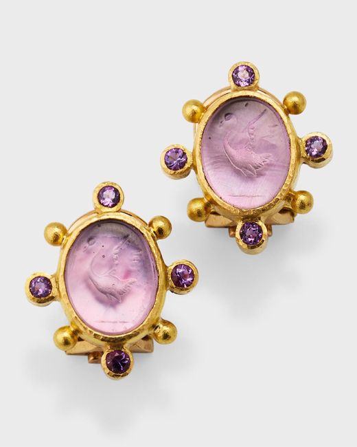 Elizabeth Locke Pink 19k Venetian Glass Intaglio Oval Crane Earrings With 2.5mm Amethyst And Dots, Mulberry