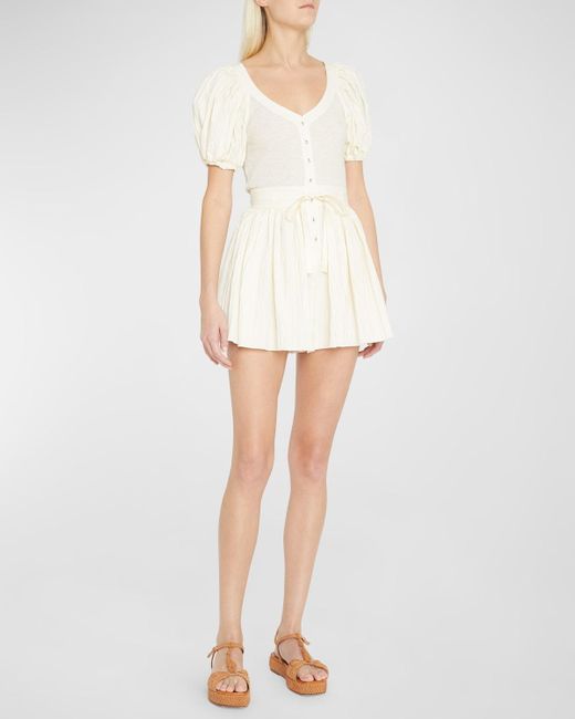 Ulla Johnson White Vinny Pleated Puff-Sleeve Playsuit With Belt