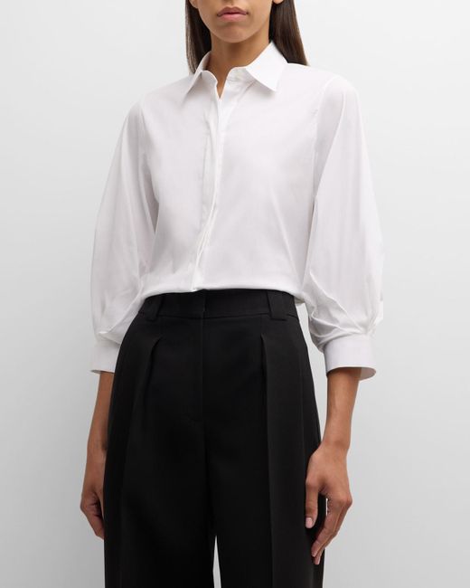 Lafayette 148 New York White Pleated-Sleeve Cotton Blouse