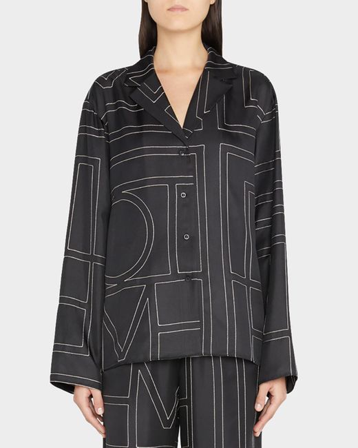 Totême  Gray Monogram-Embroidered Silk Pajama Top