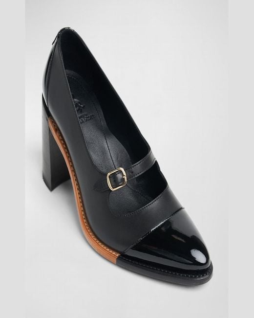 The Office Of Angela Scott Blue Miss Eliza Mixed Leather Buckle Heeled Loafers
