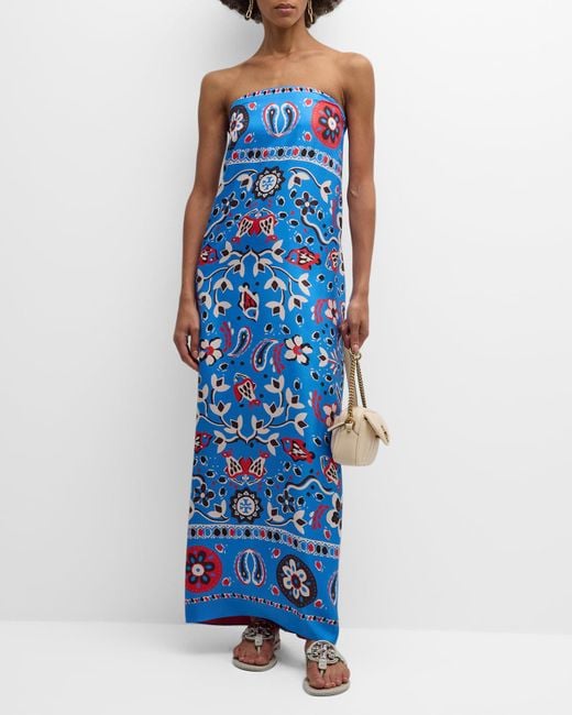 Tory Burch Blue Strapless Floral-print Silk Twill Maxi Dress