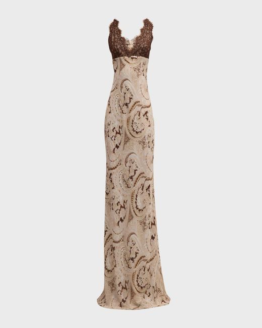L'Agence Natural Paisley-Printed Susanna Lace Bodice Slip Dress
