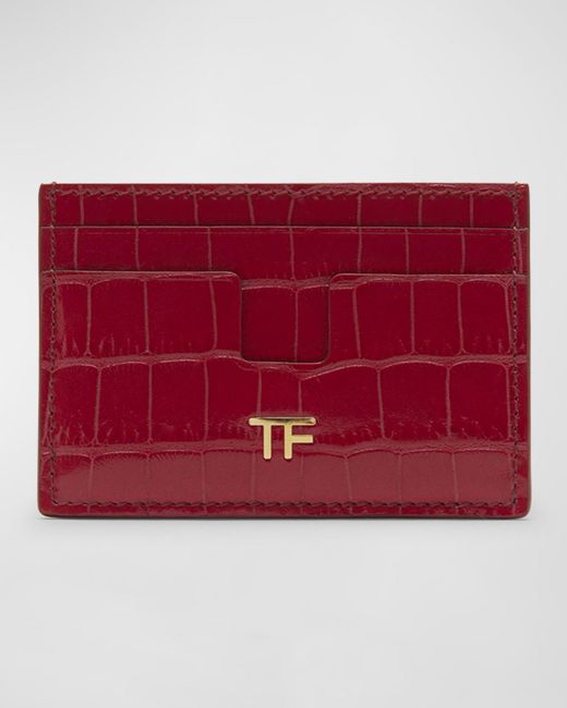 Tom Ford Red Shiny Croc-embossed Card Case