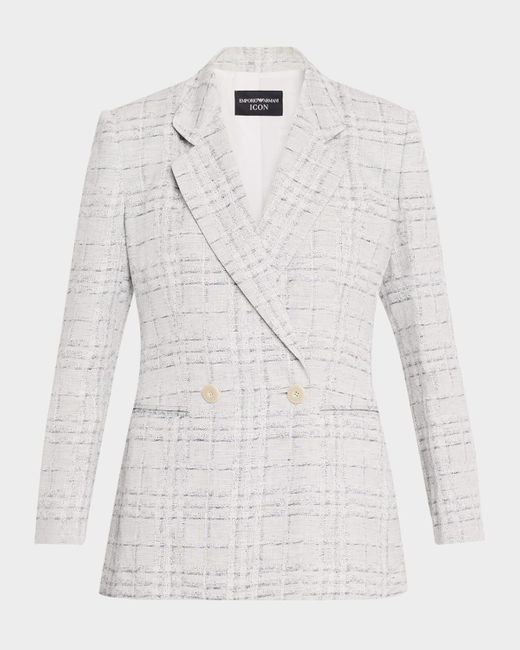 Emporio Armani White Double-Breasted Check Blazer