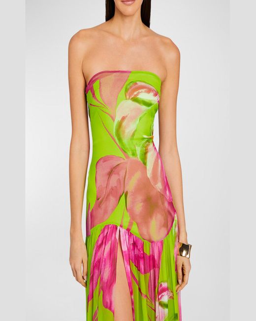 retroféte Green Marisol Strapless Floral Silk Slit Dress