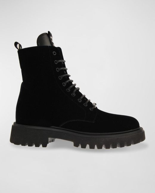 John Galliano Black Lug Sole Velvet Combat Boots for men