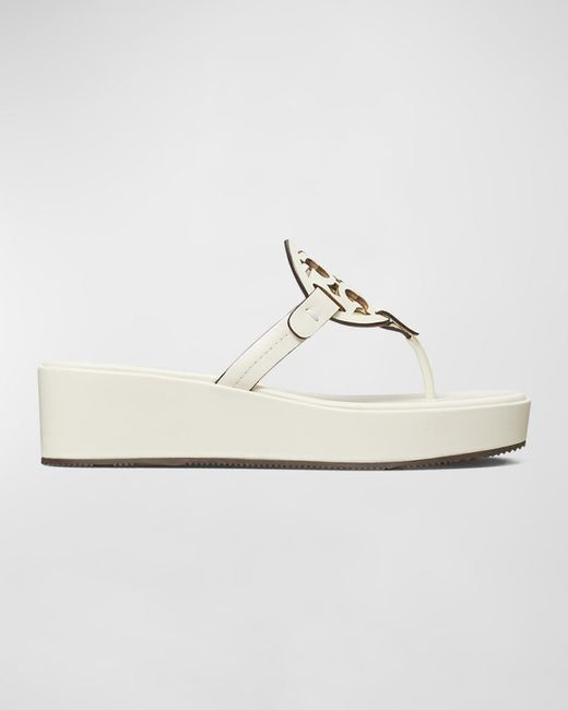 Tory Burch White Miller Leather Logo Wedge Thong Sandals