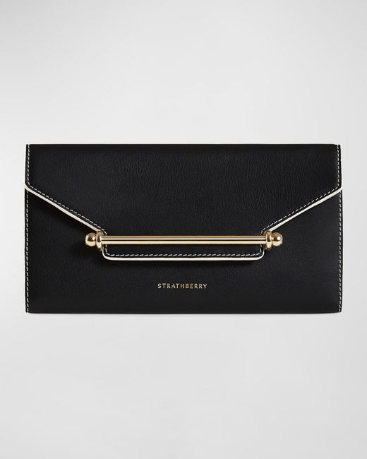 Strathberry Black Multrees Flap Leather Wallet On Chain