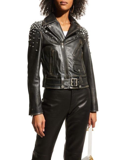 Golden Goose Deluxe Brand Black Golden Distressed Leather Jacket With Crystals